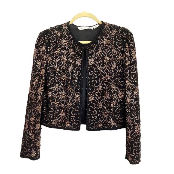 Vintage Scala Silk Beaded Embroidered Black Jacket Size S Retro Boho